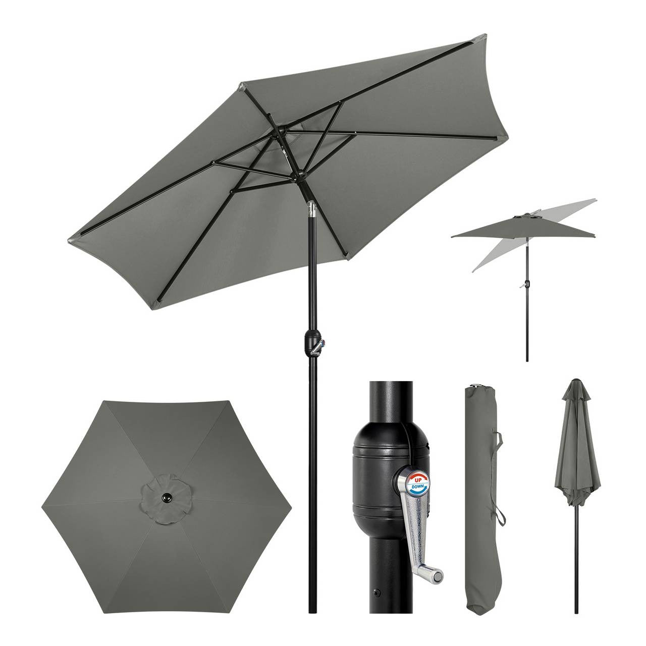 24goodz Parasol - UV Resistant - 45° Adjustable Tilt - Polyester - For Outdoor Activities - Dark Grey 240 cm