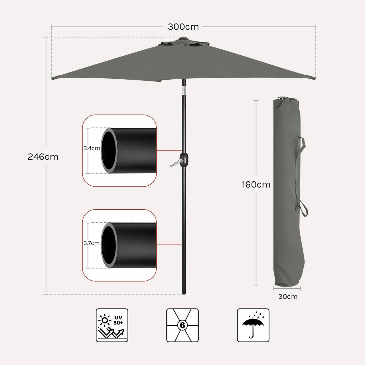 24goodz Garden Parasol - UV-Resistant Protection - 45° Adjustable Tilt - Polyester - Outdoor Enthusiasts - Dark Grey 300 cm