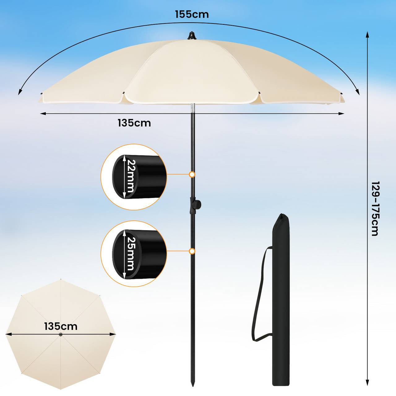 24goodz Parasol - UV-Resistant Sun Protection - Adjustable Height and Angle - 180 gsm Polyester - For Outdoor Activities - Beige 135 cm
