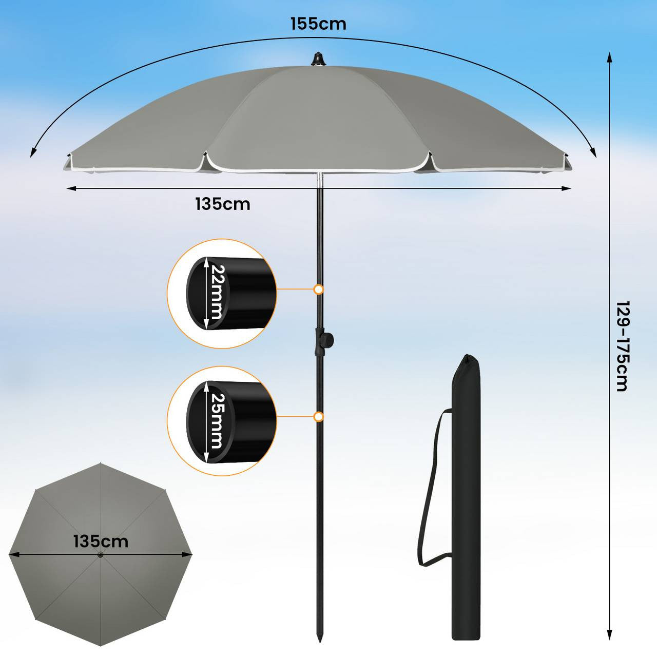 24goodz Parasol - UV-Resistant Protection - Adjustable Height and Angle - 180 g/m² Polyester - For Outdoor Activities - Dark Grey - 135 cm