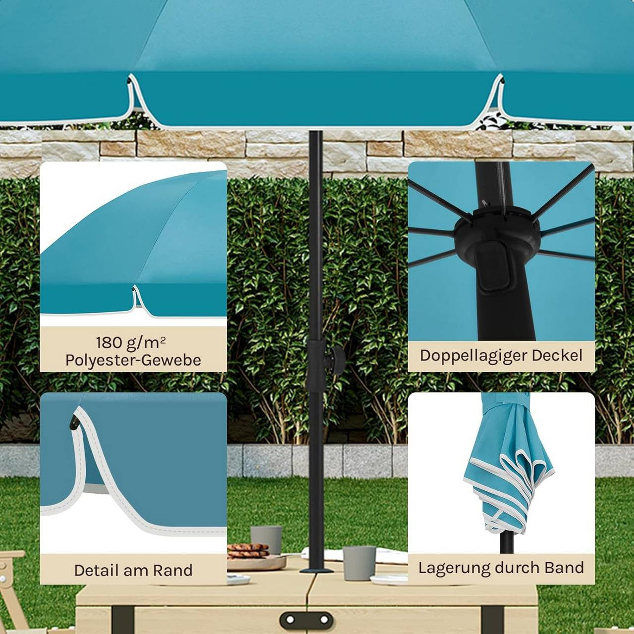 24goodz Parasol - UV-Resistant Sun Protection - Adjustable Height and Angle - 180g/m² Polyester - For Outdoor Activities - Blue - 135 cm