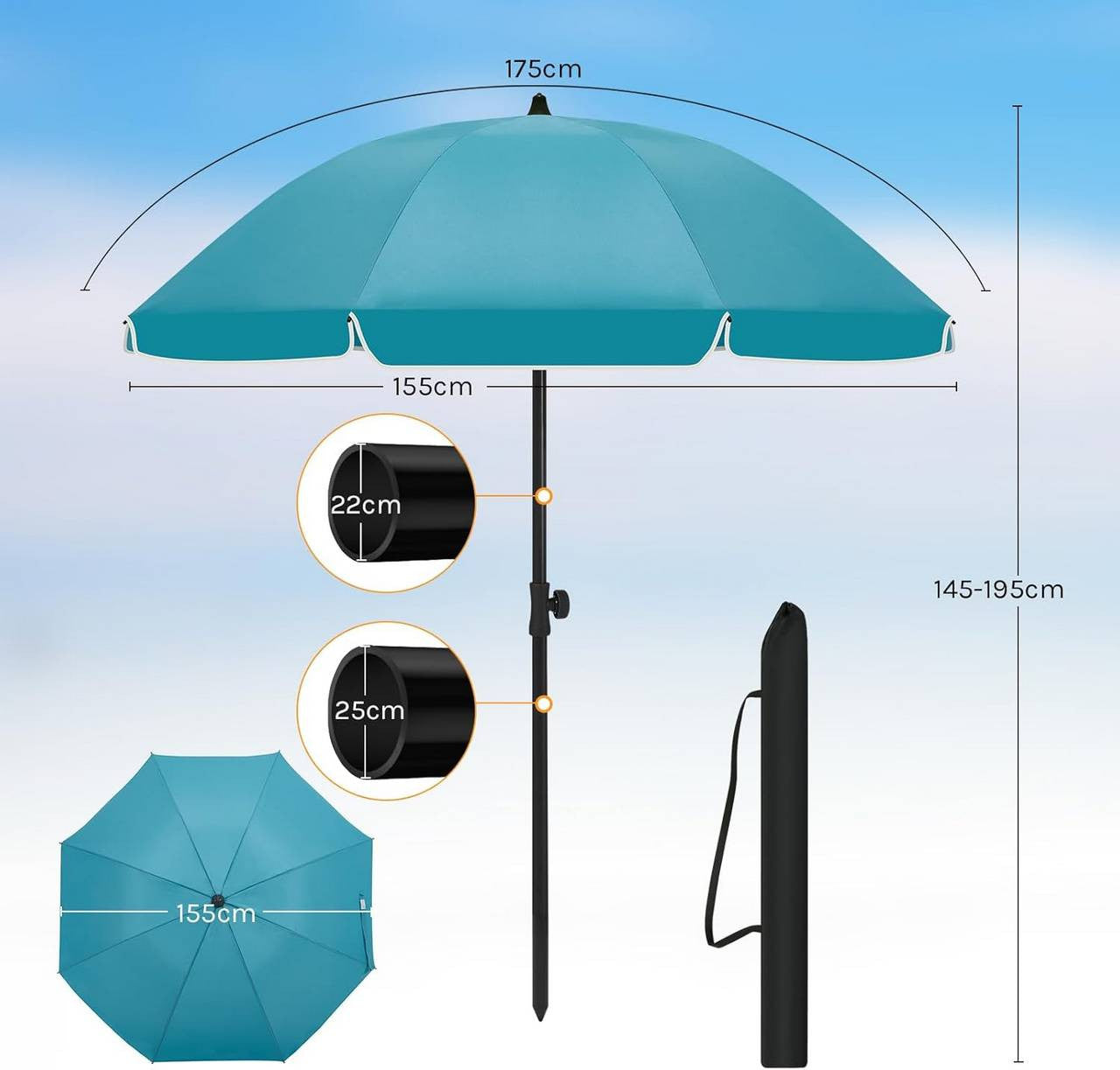 24goodz Parasol - UV-Resistant Sun Protection - Adjustable Height and Angle - 180g/m² Polyester - For Outdoor Activities - Blue - 155 cm