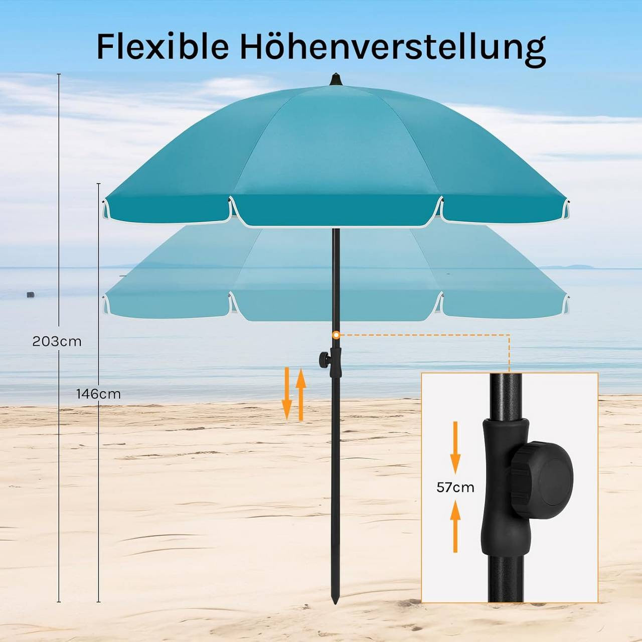 24goodz Parasol - UV-Resistant Sun Protection - Adjustable Height and Angle - 180g/m² Polyester - For Outdoor Activities - Blue - 175 cm