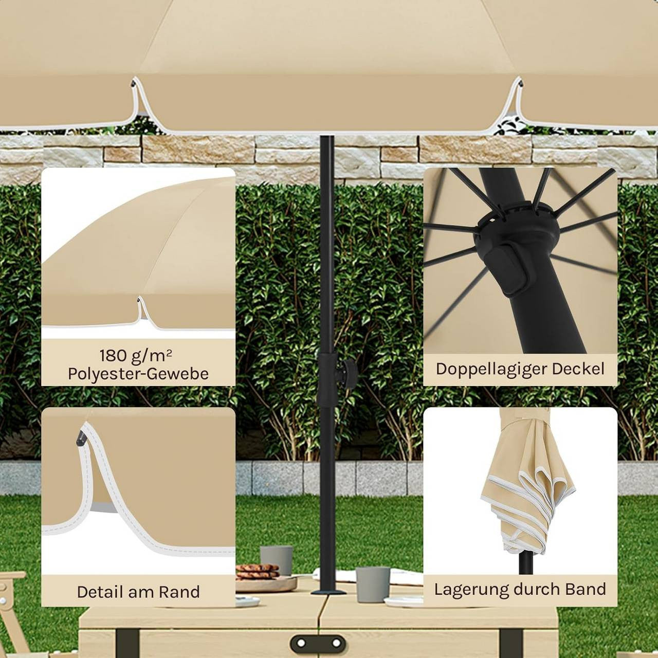 24goodz Parasol - UV-Resistant Protection - Adjustable Height and Angle - 180 g/m² Polyester - For Outdoor Activities - Taupe 175 cm
