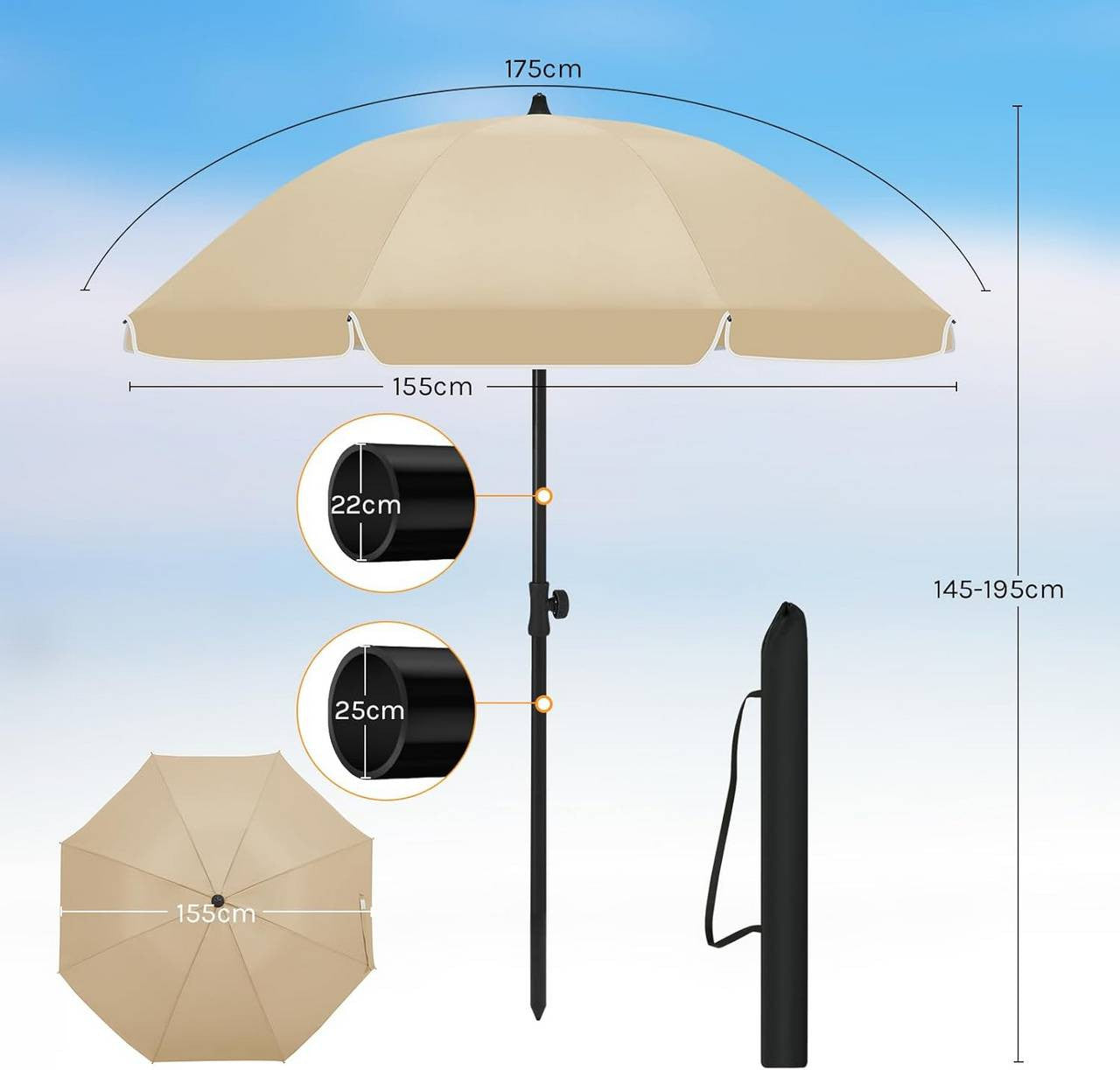 24goodz Parasol - UV-Resistant Sun Protection - Adjustable Height and Angle - 180 g/m2 Polyester - For Outdoor Activities - Taupe 155 cm
