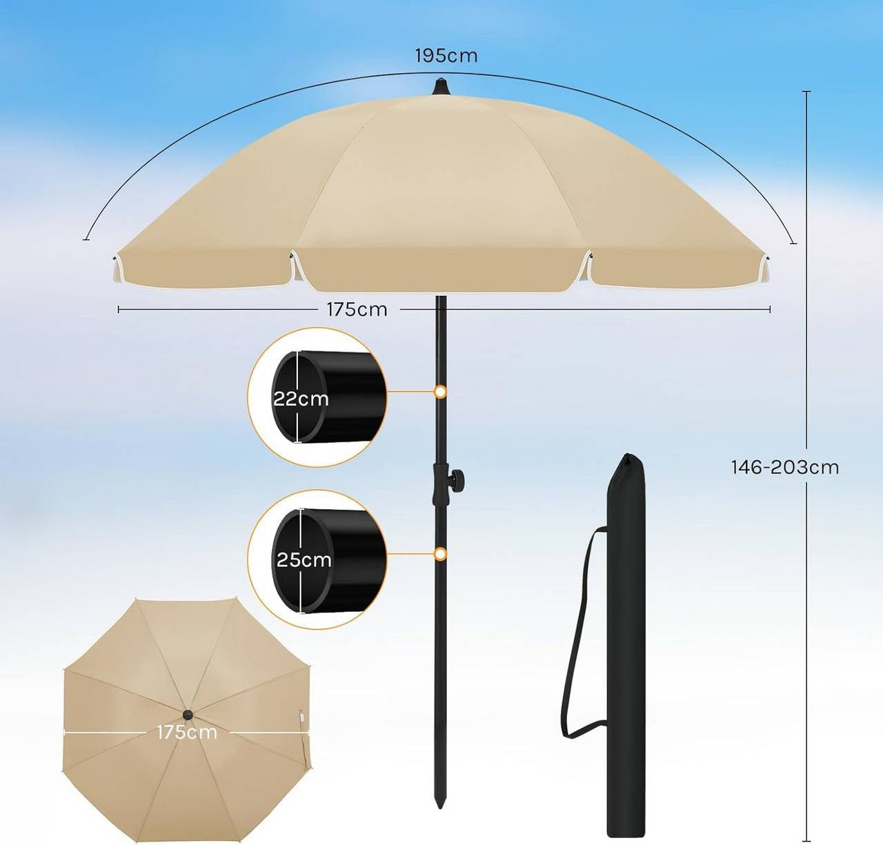24goodz Parasol - UV-Resistant Protection - Adjustable Height and Angle - 180 g/m² Polyester - For Outdoor Activities - Taupe 175 cm