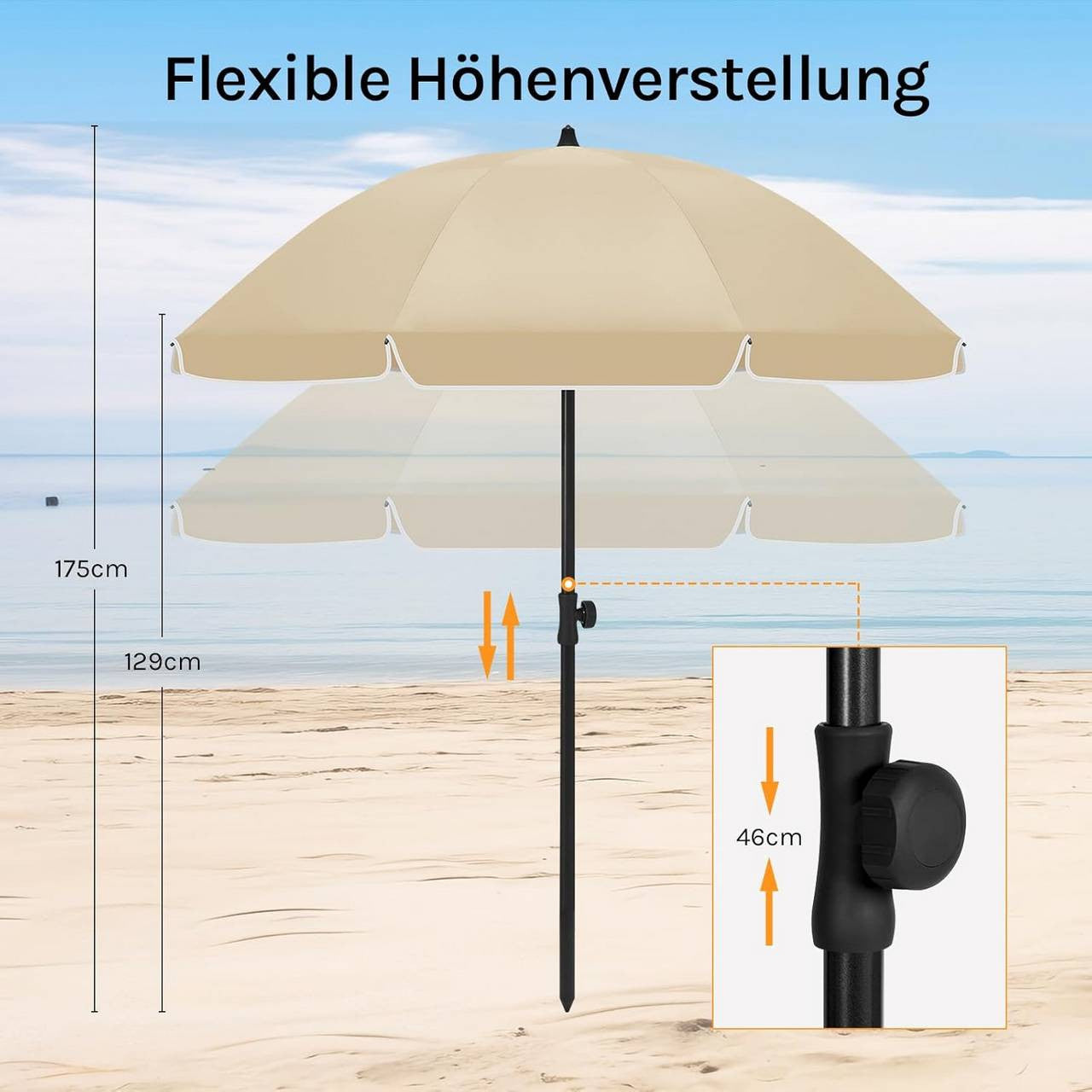 24goodz Parasol - UV-Resistant Protection - Adjustable Height and Angle - 180 g/m² Polyester - For Outdoor Activities - Taupe 135 cm