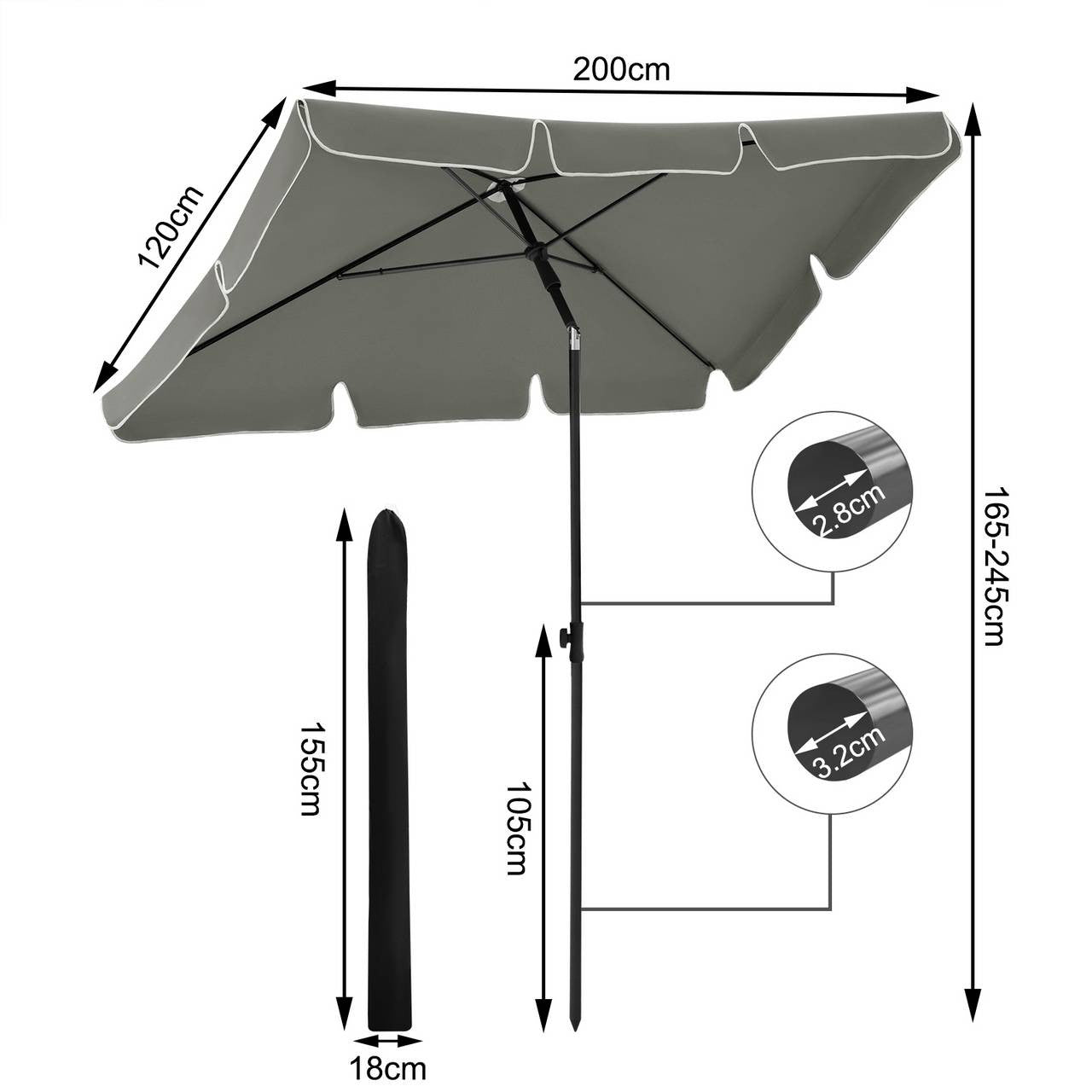 24goodz Rectangular Parasol - UV-Resistant Protection - Adjustable Height and Angle - 180 g/m² Polyester - For Outdoor Activities - Dark Grey