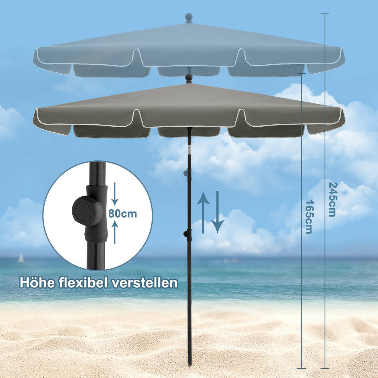 24goodz Rectangular Parasol - UV-Resistant Protection - Adjustable Height and Angle - 180 g/m² Polyester - For Outdoor Activities - Dark Grey