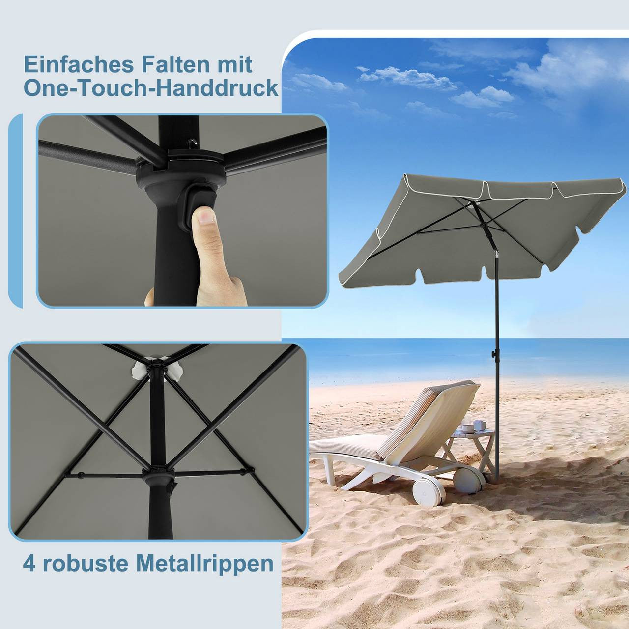 24goodz Rectangular Parasol - UV-Resistant Protection - Adjustable Height and Angle - 180 g/m² Polyester - For Outdoor Activities - Dark Grey