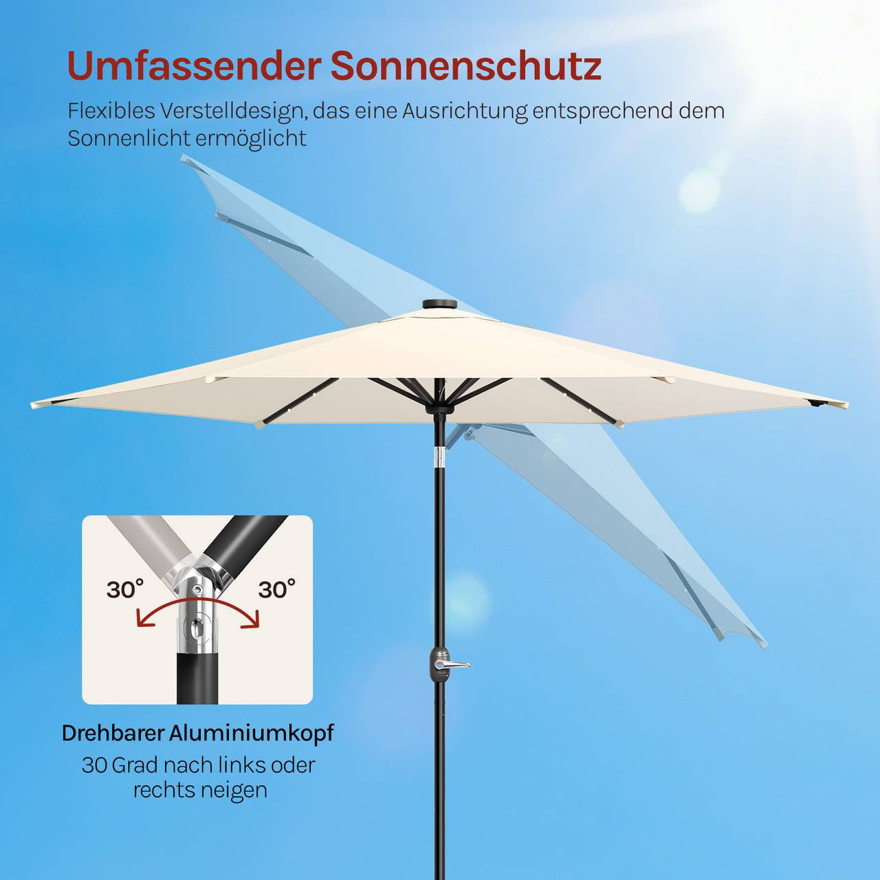 24goodz Solar LED Parasol - Adjustable Tilt for Optimal Shade - Durable Polyester - For Outdoor Relaxation - Beige/Dark Grey