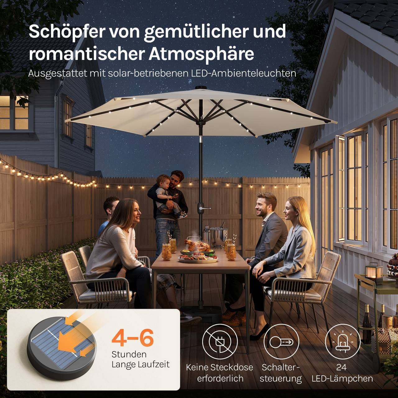 24goodz Solar LED Parasol - Adjustable Tilt for Optimal Shade - Durable Polyester - For Outdoor Relaxation - Beige/Dark Grey