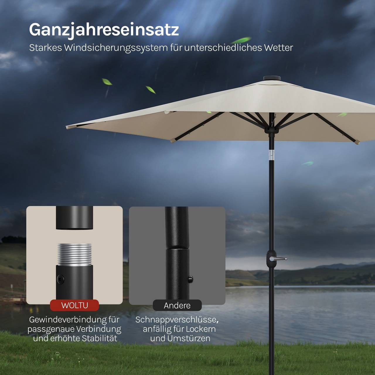 24goodz Solar LED Parasol - Adjustable Tilt for Optimal Shade - Durable Polyester - For Outdoor Relaxation - Beige/Dark Grey