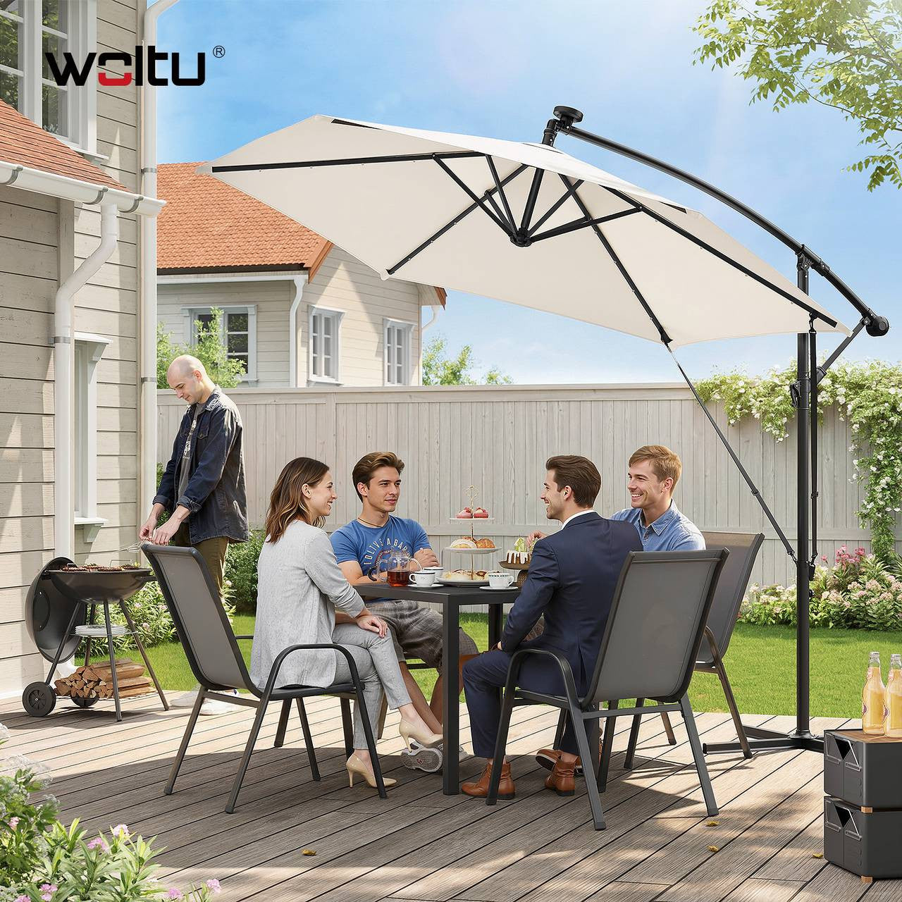 24goodz Parasol - 360° Rotatable - Solar-Powered LED Lighting - Polyester - For Outdoor Use - Beige/Dark Grey