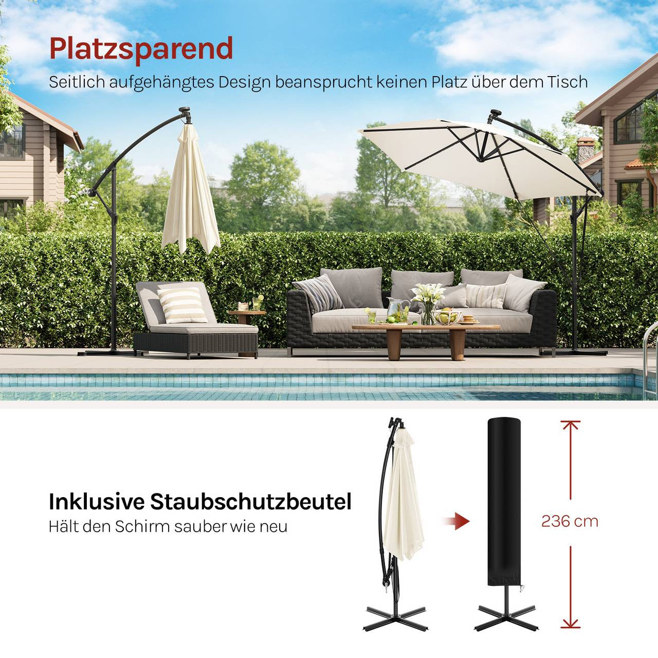 24goodz Parasol - 360° Rotatable - Solar-Powered LED Lighting - Polyester - For Outdoor Use - Beige/Dark Grey