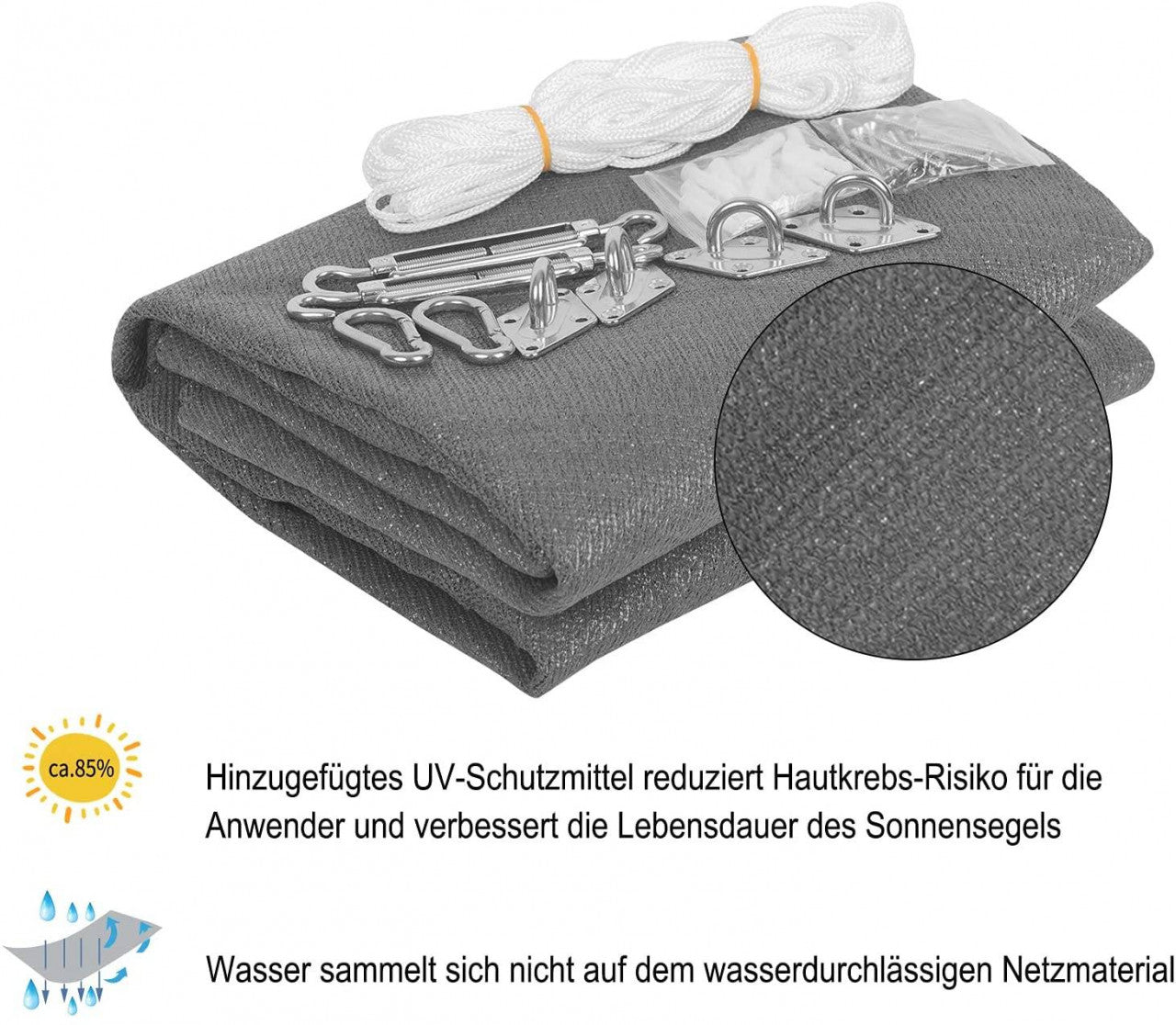 24goodz Rectangular Sunshade Sail - UV Protection - Easy Installation - HDPE - Grey - 2x2 m