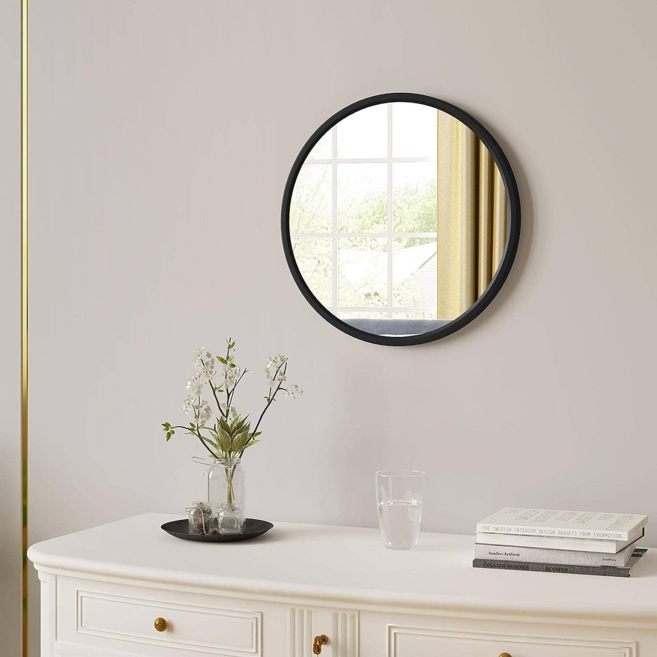 24goodz Round Wall Mirror - Crystal Clear Reflection - Minimalist and Luxurious Design - Glass + MDF - Black - 40 cm