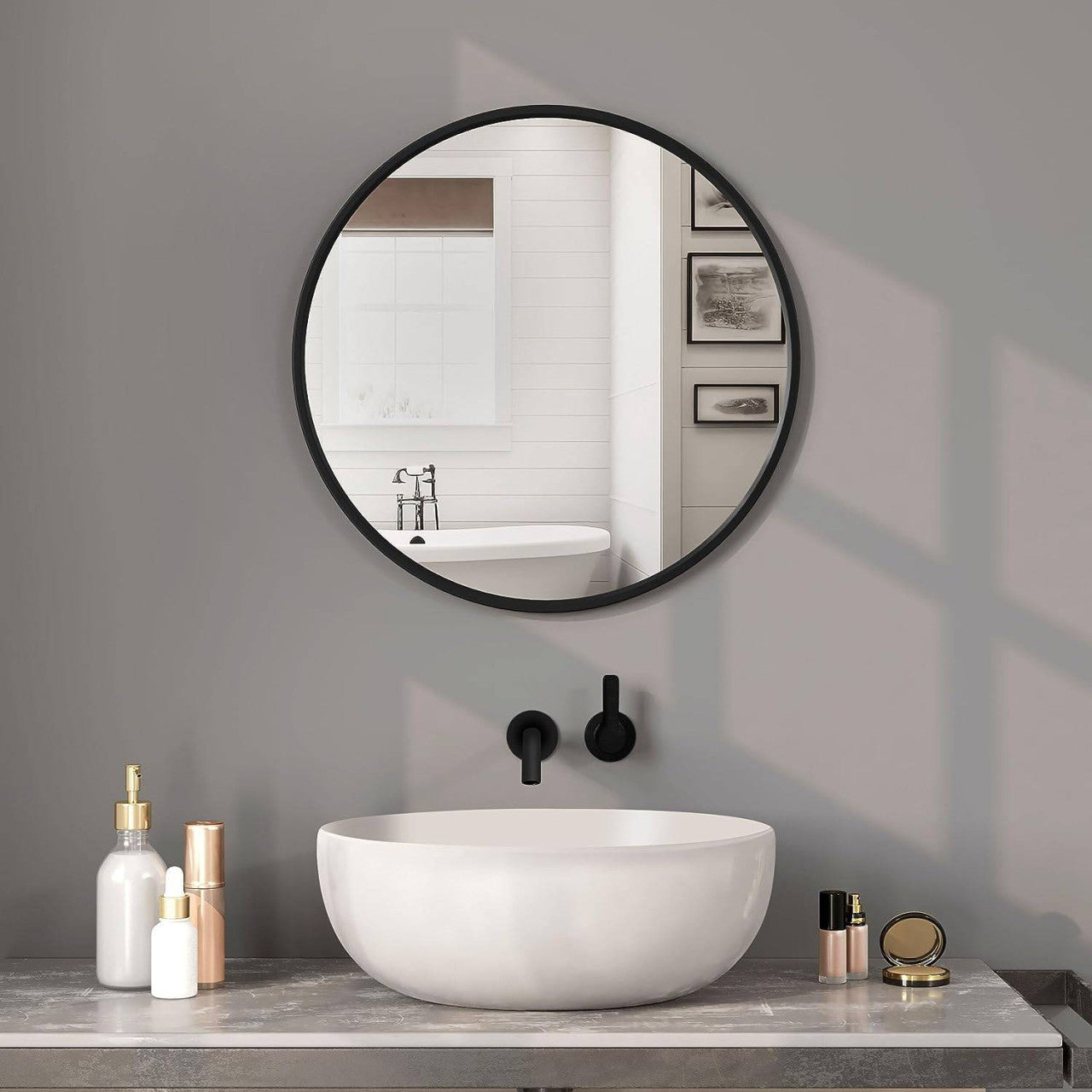 24goodz Round Wall Mirror - Crystal Clear Reflection - Minimalist and Luxurious Design - Glass and MDF - Black - 60 cm