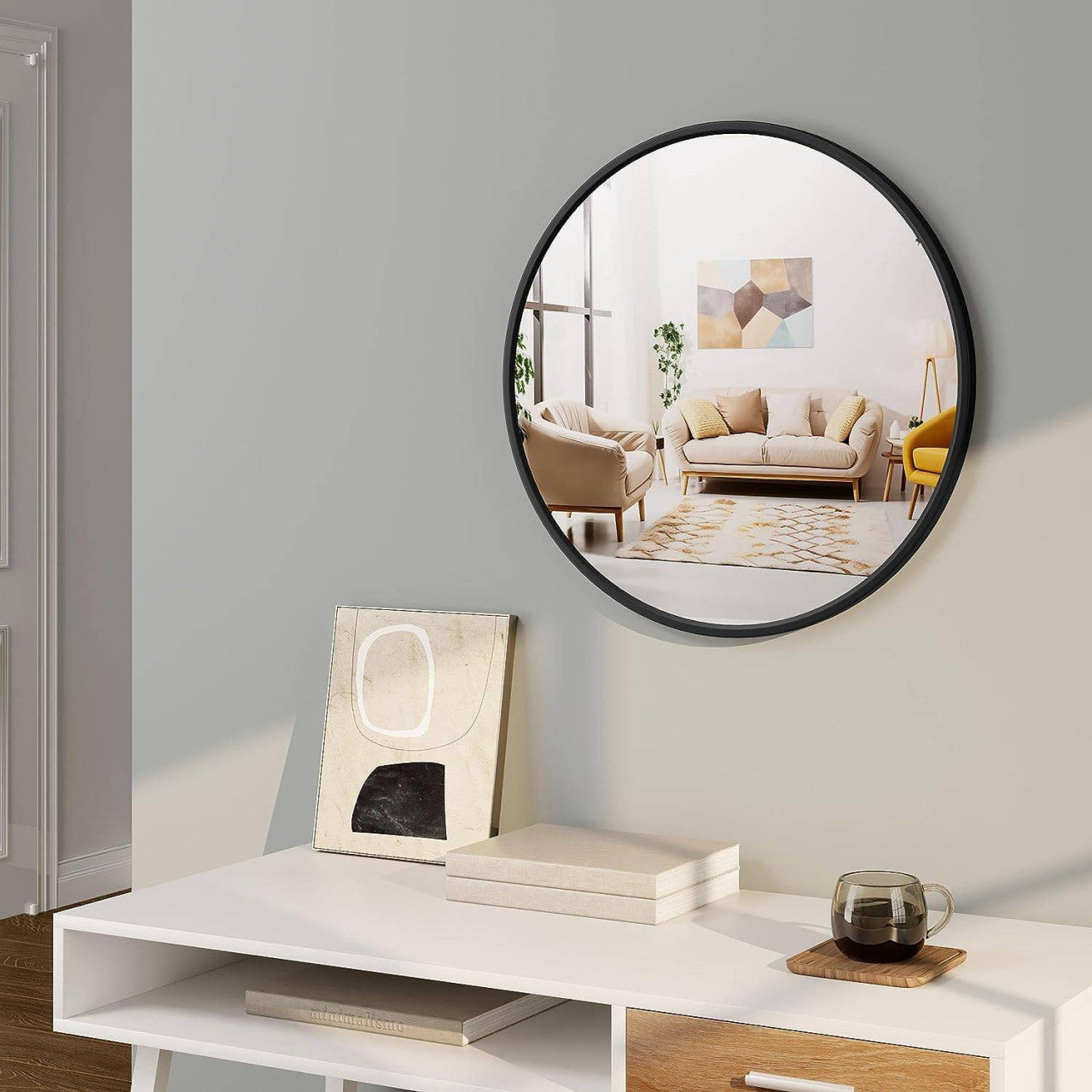 24goodz Round Wall Mirror - Crystal Clear Reflection - Minimalist and Luxurious Design - Glass and MDF - Black - 60 cm
