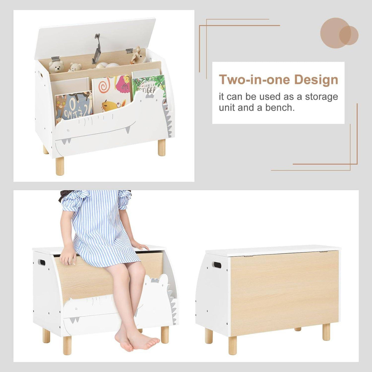 24goodz Toy Chest and Bench with Storage - Safe Design - Multi-Purpose - MDF - For Children - White