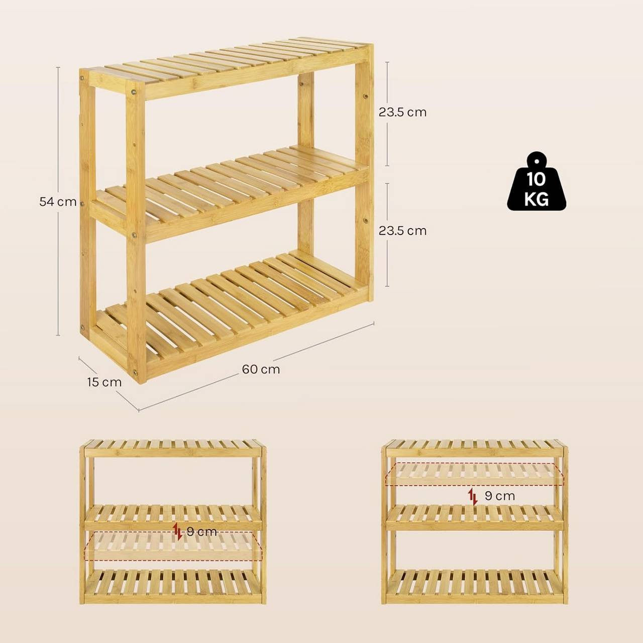 24goodz Bamboo Wall Shelf - Adjustable and Versatile - Moisture Resistant - For Adults - 62x54.2x15 cm