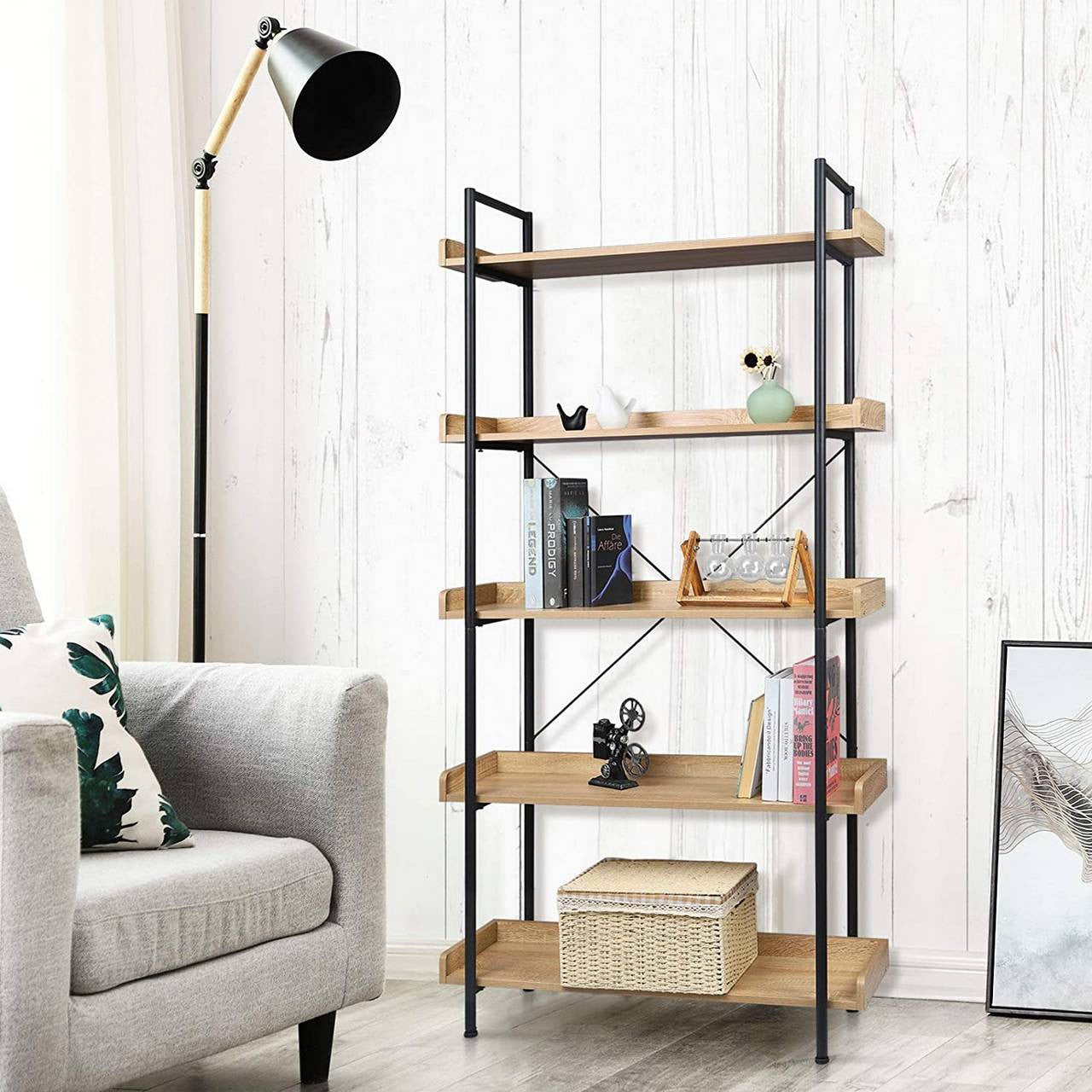 24goodz Standing Shelf with 5 Shelves - Modern and Sturdy Design - MDF + Metal - For Every Room - Light Oak - hei