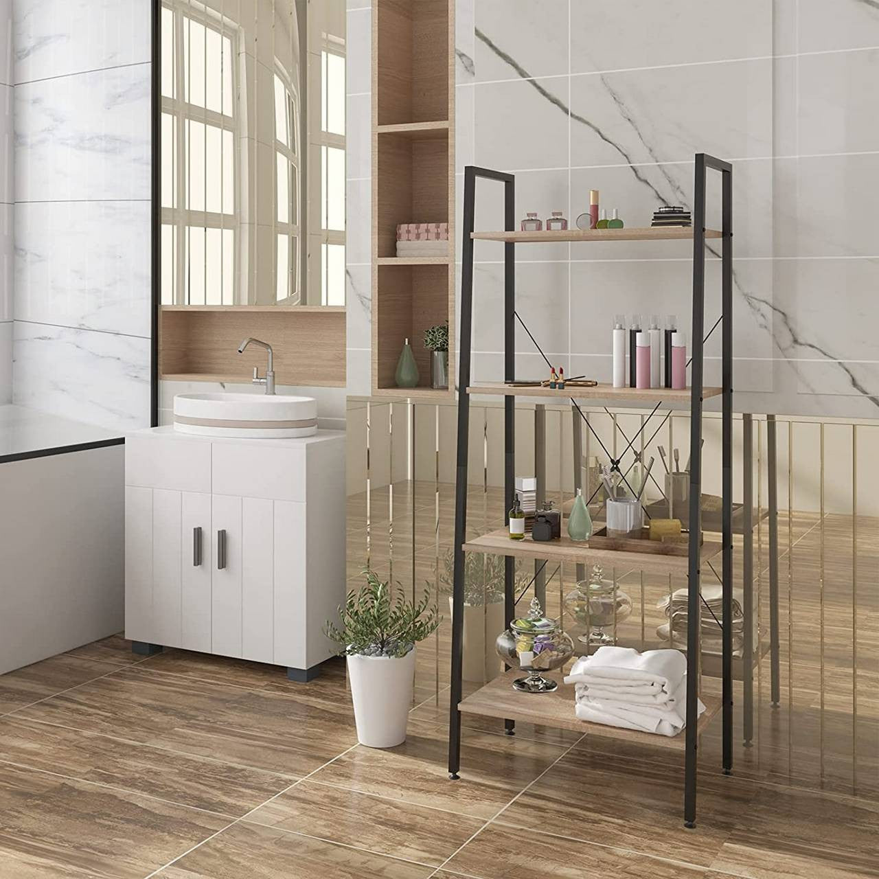 24goodz Standing Shelf - Versatile Storage Solution - Sturdy Iron Frame - Light Oak + Black - 70x81x30 cm - hei