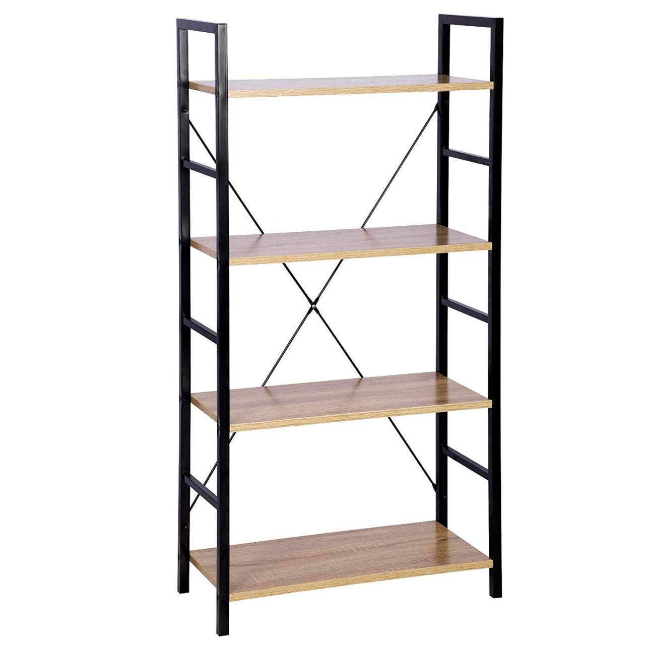 24goodz Standing Shelf Bookcase - Sturdy Metal Frame - Easy to Assemble - MDF - For Home & Office - Black + Light Oak - hei