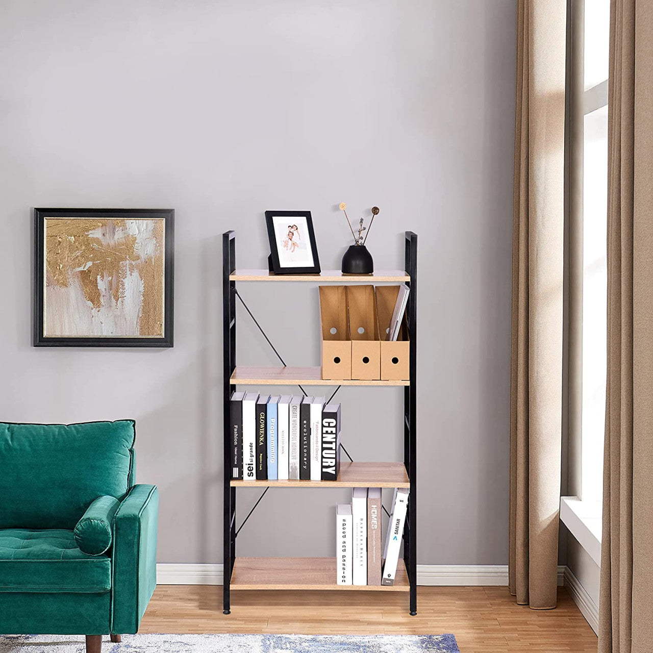 24goodz Standing Shelf Bookcase - Sturdy Metal Frame - Easy to Assemble - MDF - For Home & Office - Black + Light Oak - hei