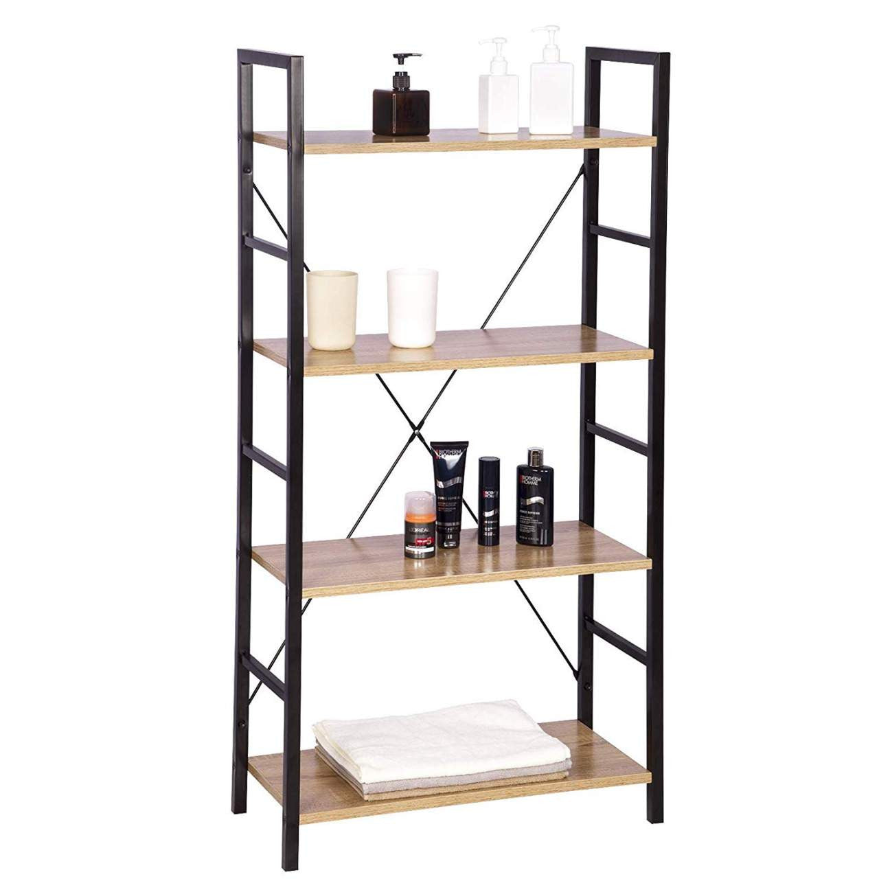 24goodz Standing Shelf Bookcase - Sturdy Metal Frame - Easy to Assemble - MDF - For Home & Office - Black + Light Oak - hei