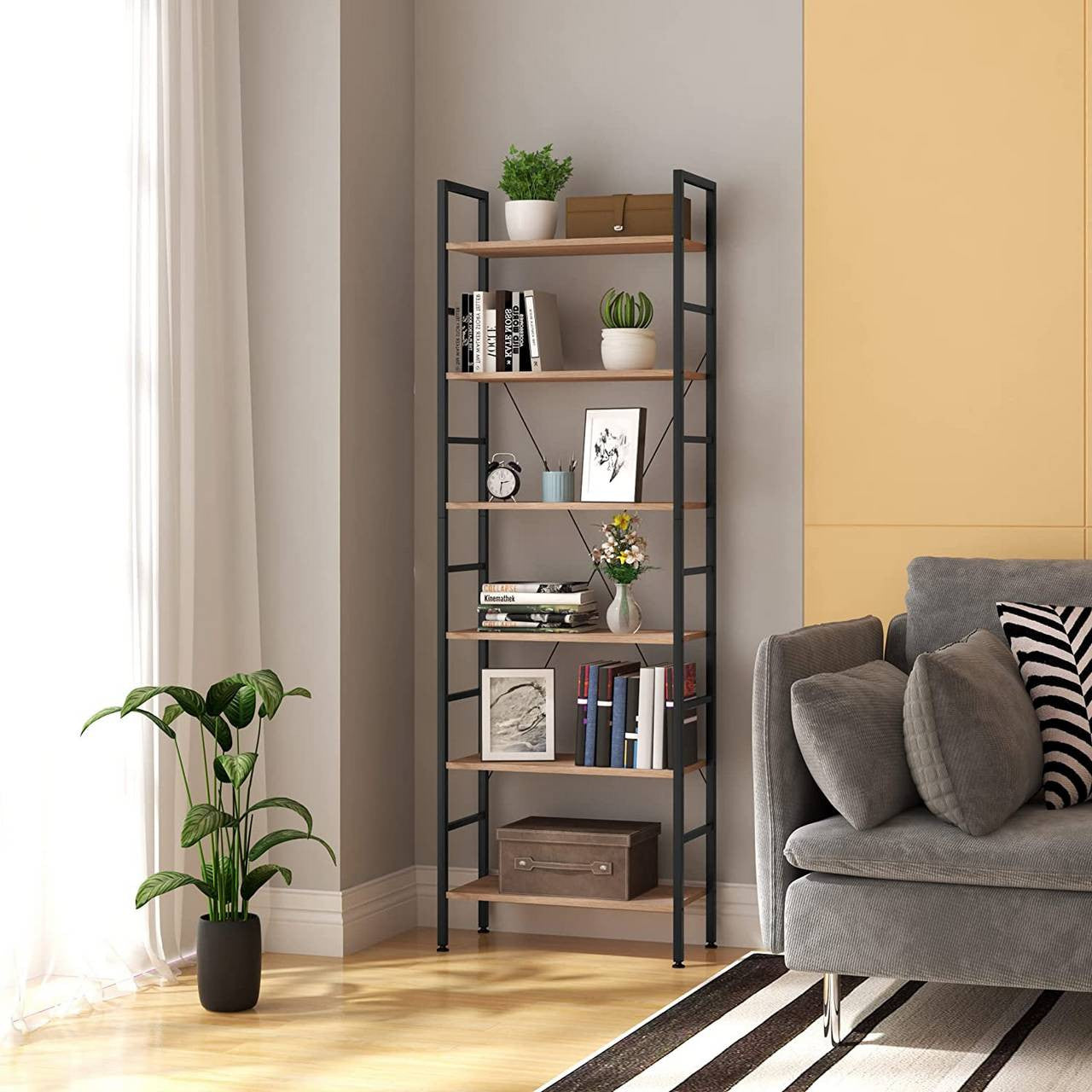 24goodz Standing Shelf - Spacious 6-Tier Design - Durable MDF and Metal - For Home Organization - Black Frame with Oak Shelves - hei