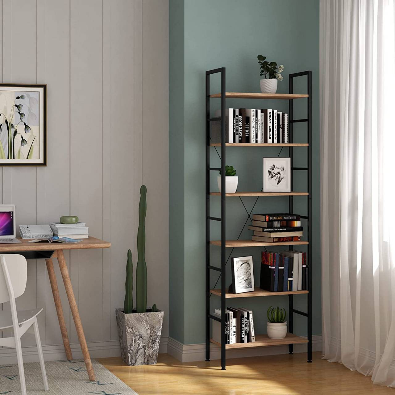 24goodz Standing Shelf - Spacious 6-Tier Design - Durable MDF and Metal - For Home Organization - Black Frame with Oak Shelves - hei