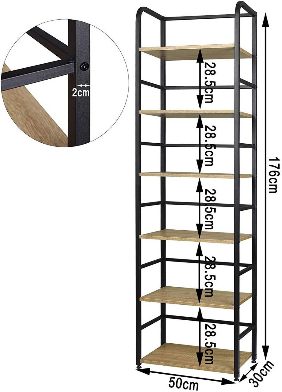 24goodz Standing Shelf with 6 Shelves - Stylish Industrial Design - Sturdy Chipboard and Metal - For Home and Office - Light Oak - hei
