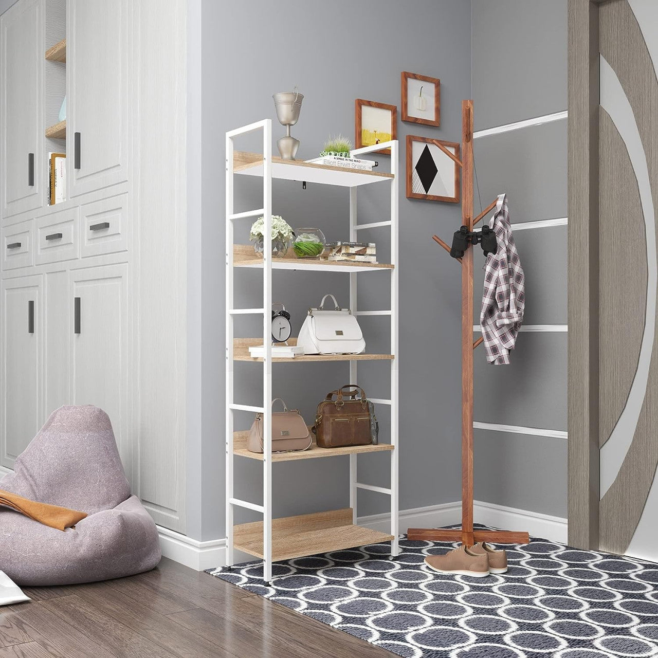 24goodz 5-Tier Storage Shelf - Heavy Duty and Durable - Wood and Steel - For Home Organization - White + Light Oak - 60 x 27.5 x 160 cm - hei