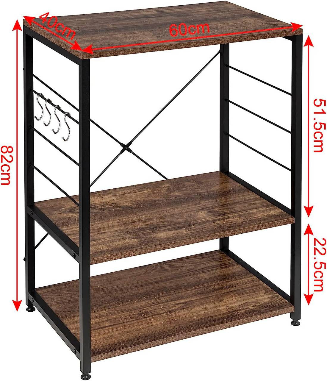 24goodz 3-Tier Kitchen Organiser Shelf - Stylish Vintage Design - Sturdy Steel and Wood - 60x40x82cm - Vintage Brown - hov