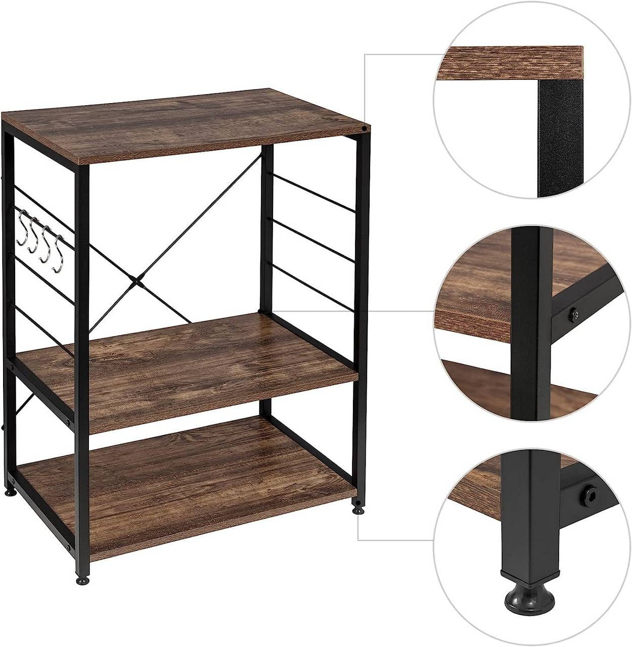24goodz 3-Tier Kitchen Organiser Shelf - Stylish Vintage Design - Sturdy Steel and Wood - 60x40x82cm - Vintage Brown - hov