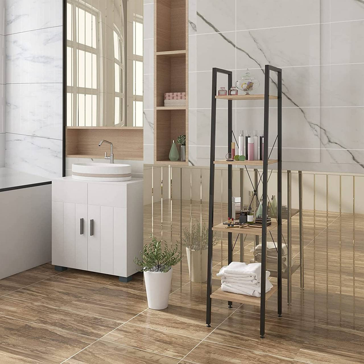 24goodz Standing Shelf in Metal & Wood - Sturdy and Stylish Design - Metal + Wood - For Every Room - Black + Light Oak - hei