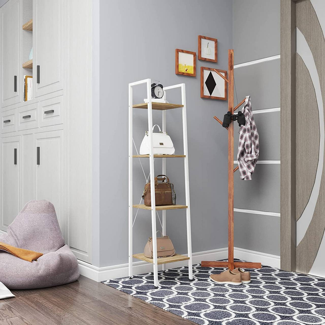 24goodz 4-Tier Standing Shelf - Modern Design - Easy to Assemble - Wood and Metal - For Every Room - White + Light Oak - whe