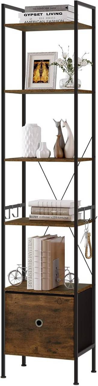 24goodz Standing Shelf with 5 Shelves and 1 Drawer - Ample Storage Space - Durable Melamine and Metal - For Home and Office - Rustic Brown