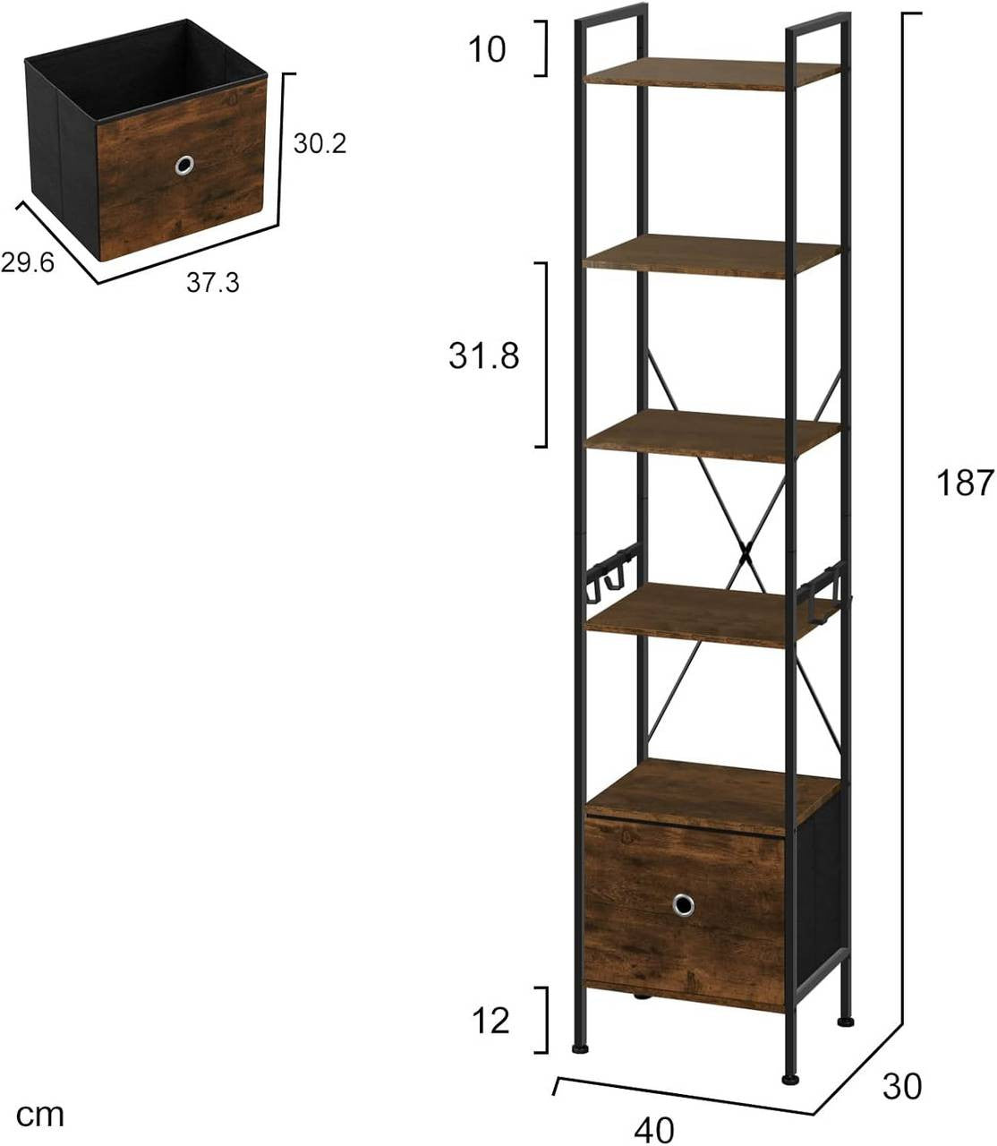 24goodz Standing Shelf with 5 Shelves and 1 Drawer - Ample Storage Space - Durable Melamine and Metal - For Home and Office - Rustic Brown