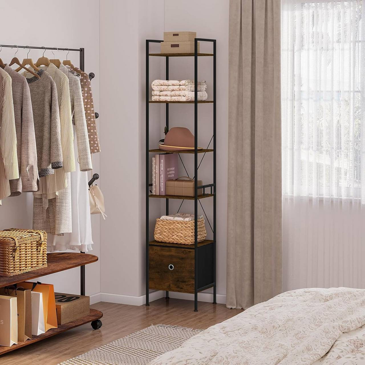 24goodz Standing Shelf with 5 Shelves and 1 Drawer - Ample Storage Space - Durable Melamine and Metal - For Home and Office - Rustic Brown