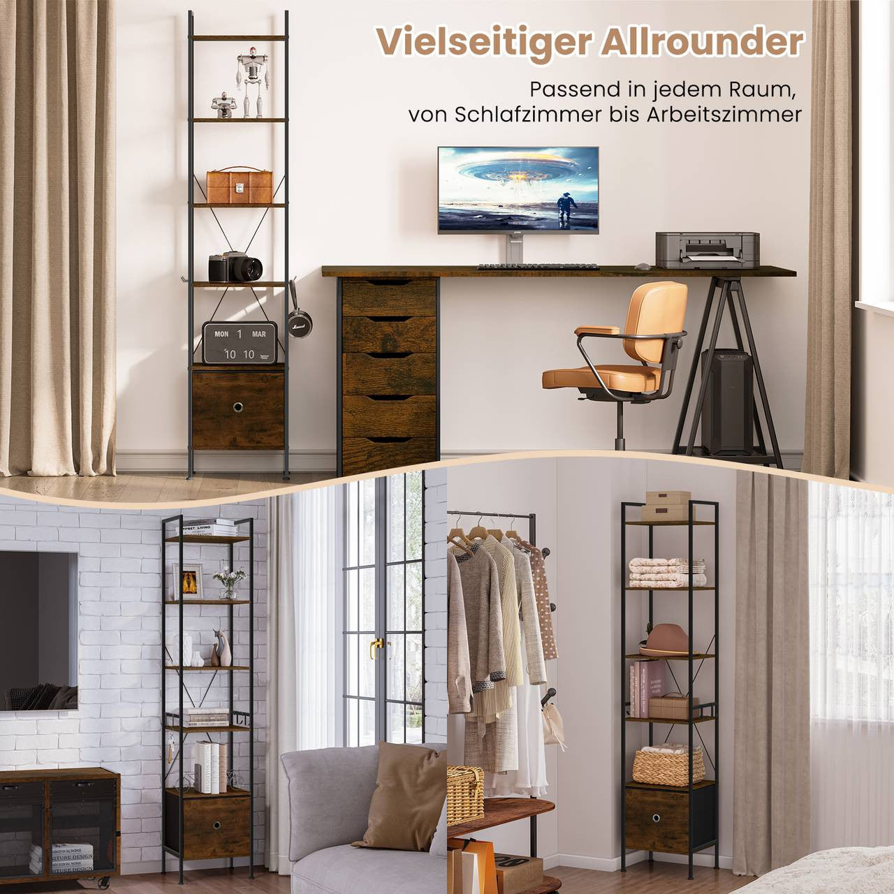 24goodz Standing Shelf with 5 Shelves and 1 Drawer - Ample Storage Space - Durable Melamine and Metal - For Home and Office - Rustic Brown