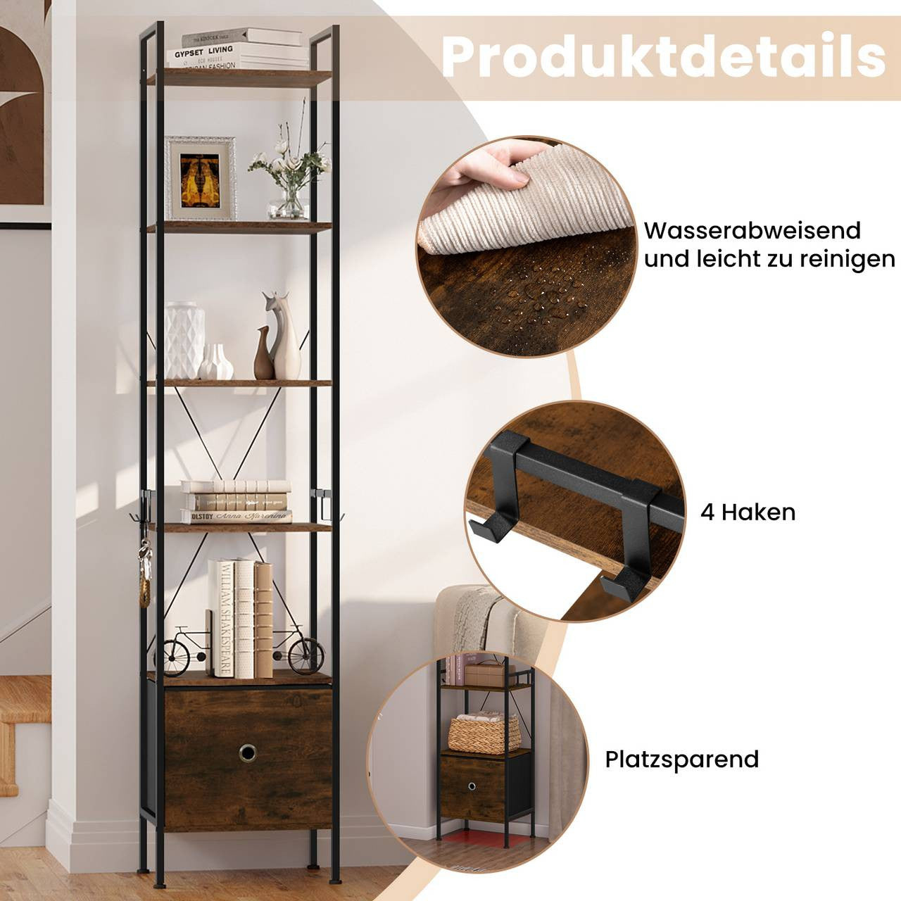 24goodz Standing Shelf with 5 Shelves and 1 Drawer - Ample Storage Space - Durable Melamine and Metal - For Home and Office - Rustic Brown