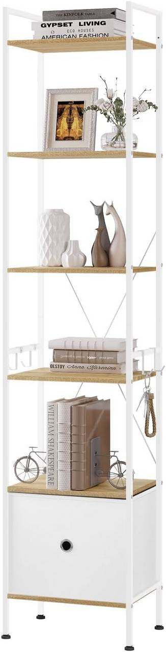 24goodz Standing Shelf with 5 Shelves and 1 Drawer - Ample Storage Space - Sturdy Metal Frame - Light Oak + White - 40x187x30 cm