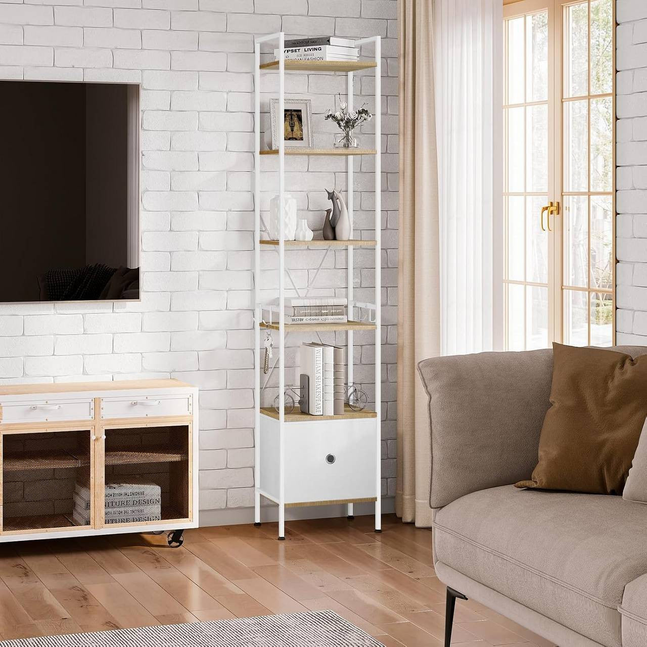 24goodz Standing Shelf with 5 Shelves and 1 Drawer - Ample Storage Space - Sturdy Metal Frame - Light Oak + White - 40x187x30 cm