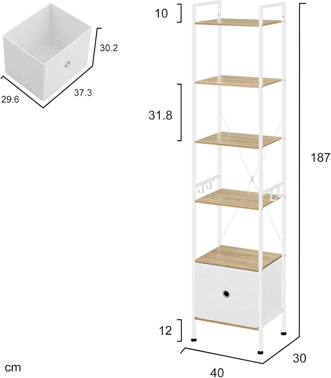 24goodz Standing Shelf with 5 Shelves and 1 Drawer - Ample Storage Space - Sturdy Metal Frame - Light Oak + White - 40x187x30 cm