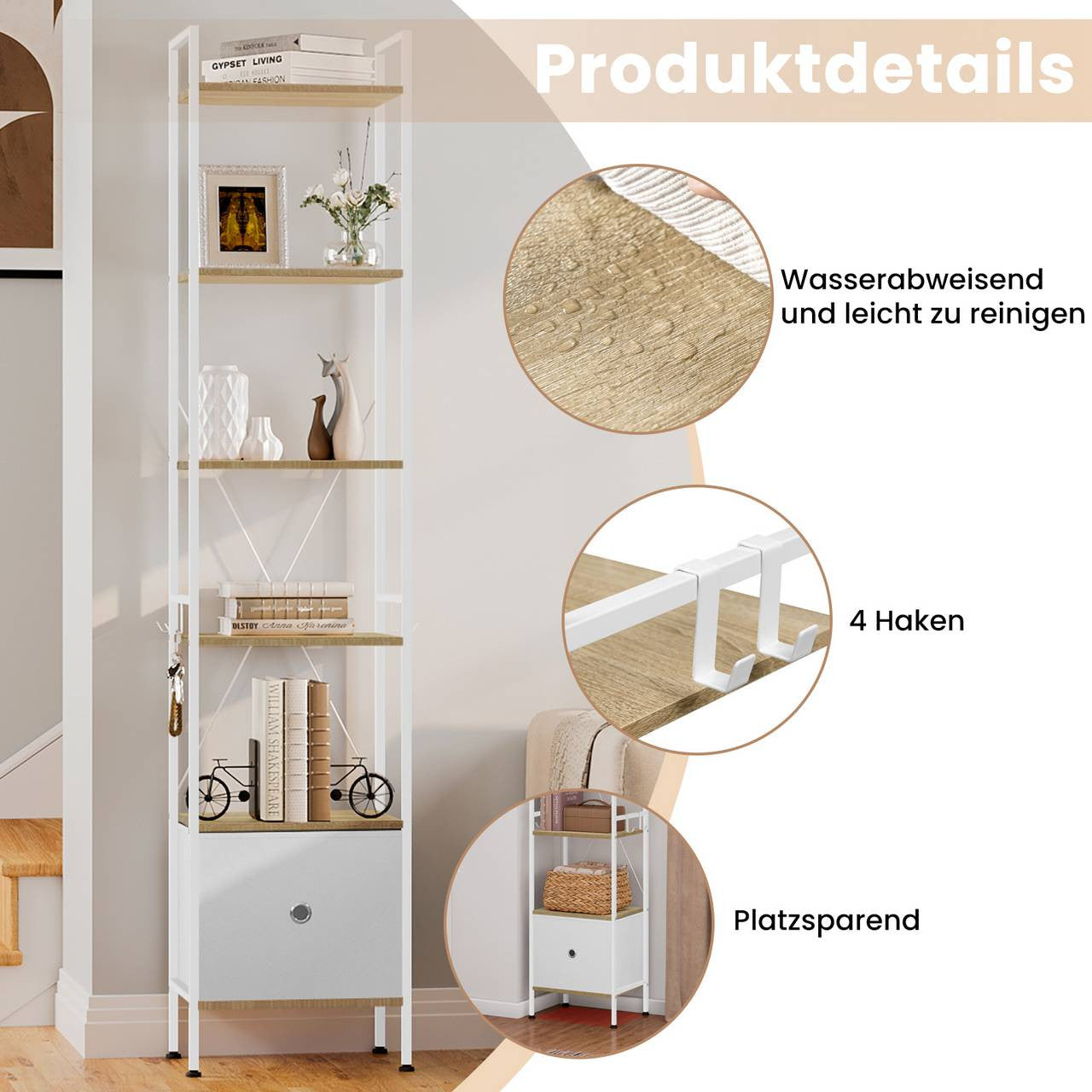 24goodz Standing Shelf with 5 Shelves and 1 Drawer - Ample Storage Space - Sturdy Metal Frame - Light Oak + White - 40x187x30 cm