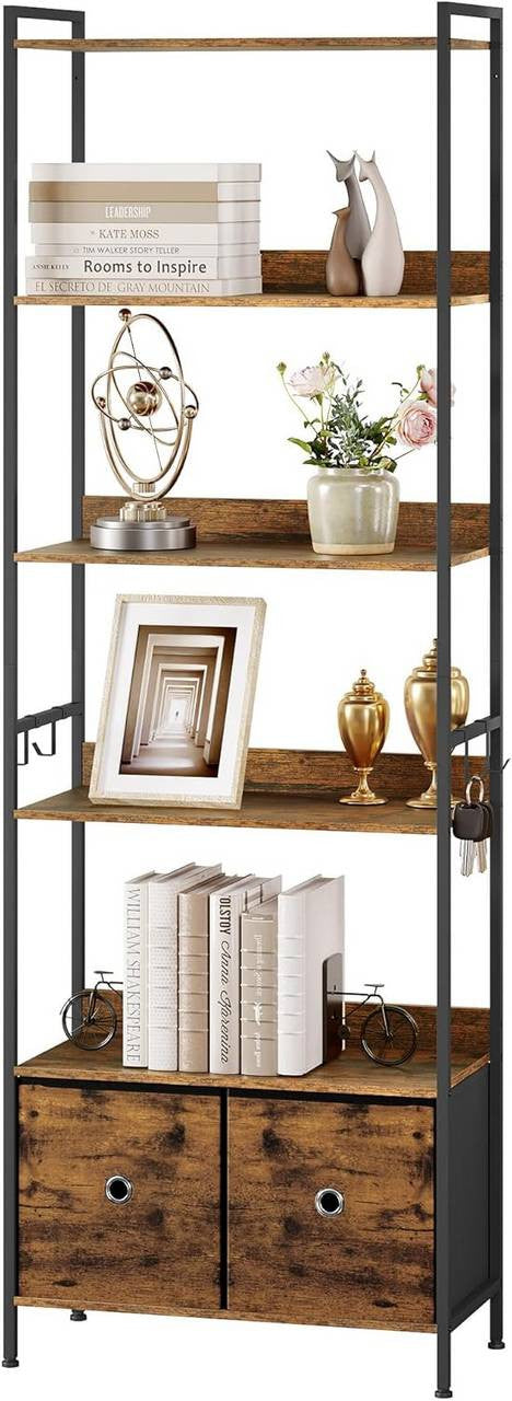 24goodz Standing Bookshelf with 5 Shelves and 2 Drawers - Spacious Storage Solution - E1-Class Wood and Metal Frame - For Home Organization - Rustic Brown + Black