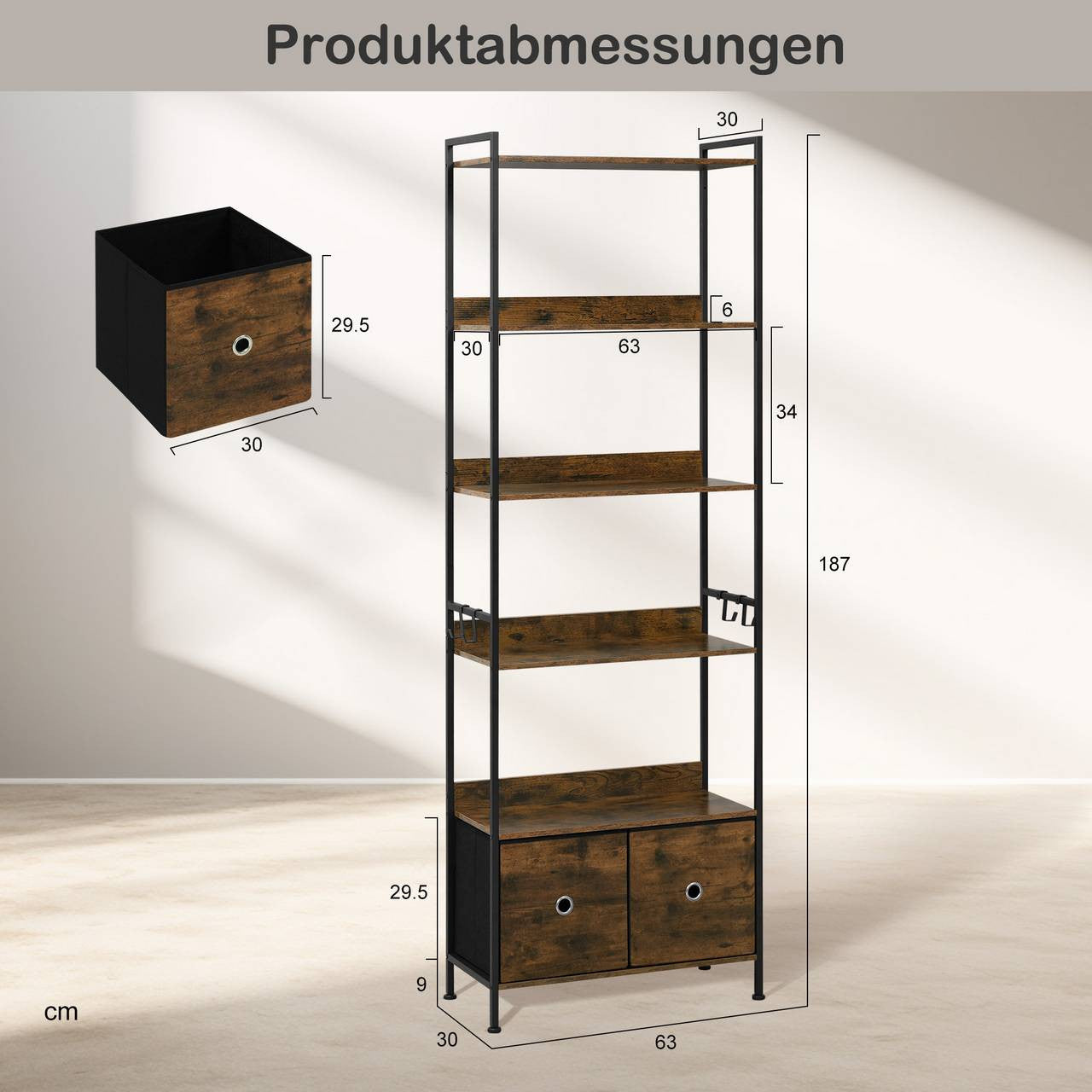 24goodz Standing Bookshelf with 5 Shelves and 2 Drawers - Spacious Storage Solution - E1-Class Wood and Metal Frame - For Home Organization - Rustic Brown + Black