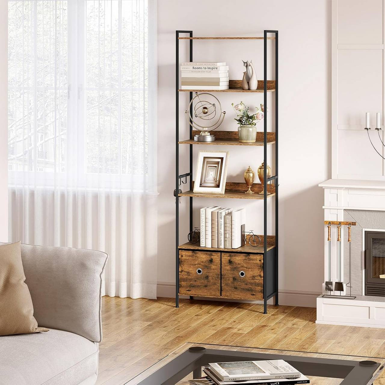 24goodz Standing Bookshelf with 5 Shelves and 2 Drawers - Spacious Storage Solution - E1-Class Wood and Metal Frame - For Home Organization - Rustic Brown + Black